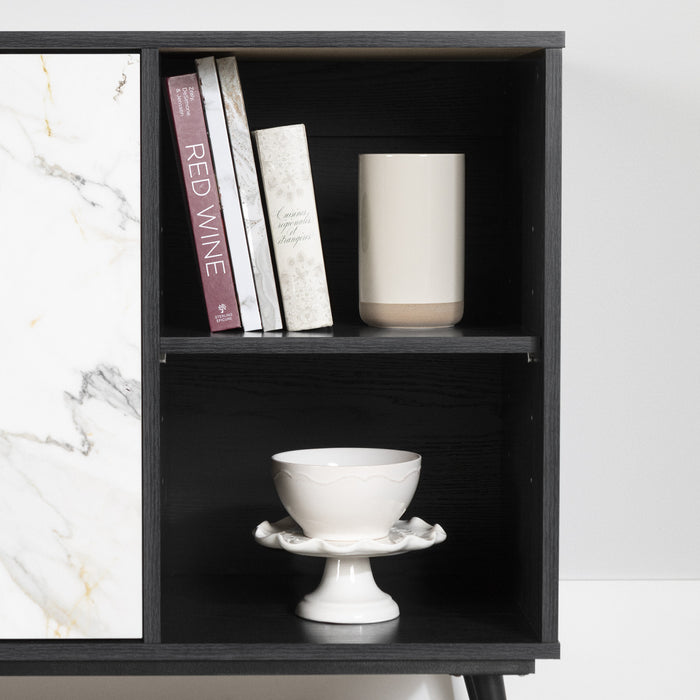 Mezzy 2-door Sideboard With Open Storage - Black Oak And Faux White Marble 