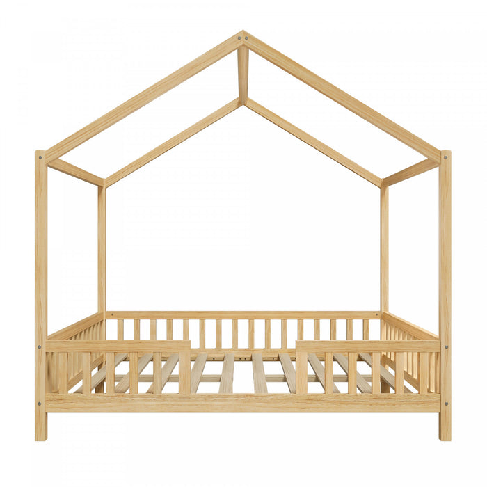 Paul Montessori Floor Bed with Canopy and High Railings,Full Size, Natural Full Bed