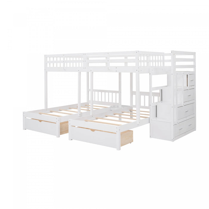 Claire Solid Wood Twin Triple Bunk Bed With Drawers And Guardrails - White