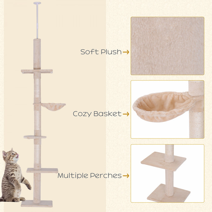 Pawhut 8.5ft Cat Climbing Tree 5-tier Kitty Activity Center Floor-to-ceiling Cat Climber Toy With Scratching Post Play Rest Post Pet Furniture Beige
