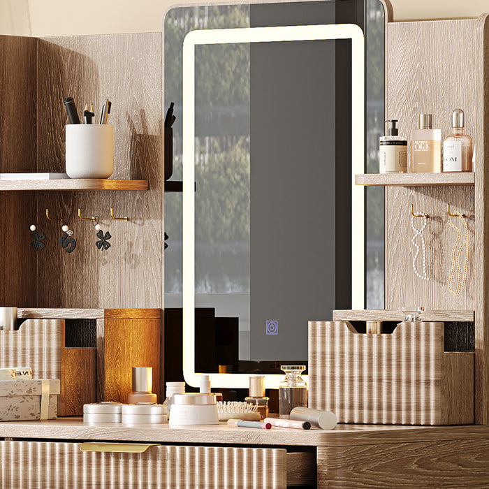 Victoria 7-Drawer Vanity Table Set with LED Mirror and Metal Legs,Yellow Brown Mirror Cabinet