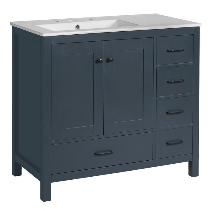 Derek 36 Inch Modern Bathroom Vanity with Ceramic Sink & Multi Storage, Blue