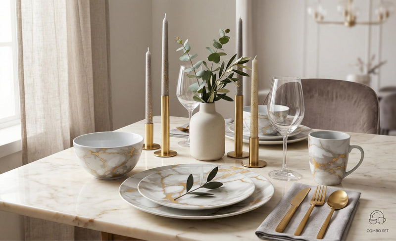 20-Piece Grey Marble Porcelain Dinnerware Set with Gold Veining & Gold Flatware