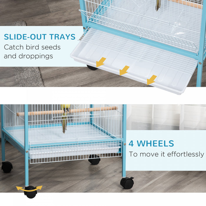 Pawhut 55.1\" 2 In 1 Bird Cage Aviary Parakeet House For Finches, Budgies With Wheels, Slide-out Trays, Wood Perch, Food Containers, Light Blue