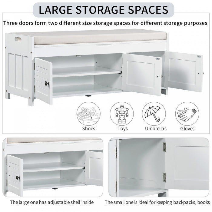 Olivia Pine Wood Storage Bench With 3-door Shoe Cabinet With Hidden Compartment - White