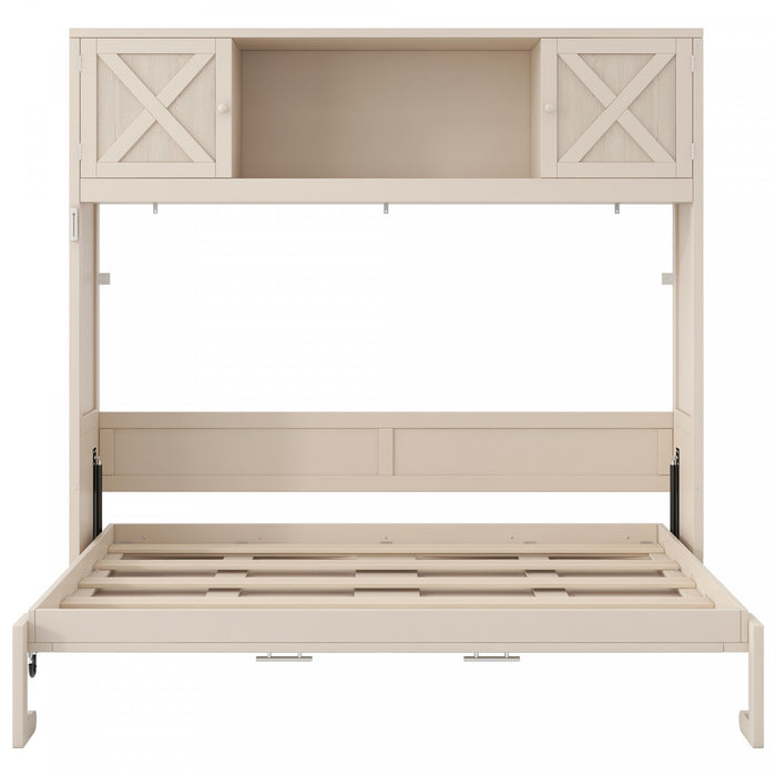 Ethan Solid Wood Murphy Bed with Storage Cabinets,Full Size,Beige Full Bed