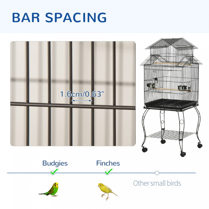 Pawhut 53.9'' Large Rolling Steel Bird Cage Bird House With Detachable Rolling Stand, Storage Shelf, Wood Perch, Food Container, Black
