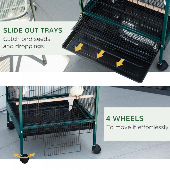 Pawhut 55.1\" 2 In 1 Bird Cage Aviary Parakeet House For Finches, Budgies With Wheels, Slide-out Trays, Wood Perch, Food Containers, Green