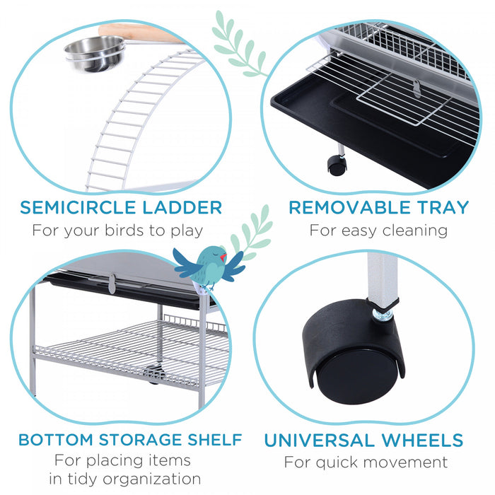 Pawhut 63.5\" Bird Cage For Cockatiels, Conure, African Greys, Porcupines, Indian Ringnecks, Parrot Cage With Wheels, Bird Feeder Stand, Play Top House, Silver