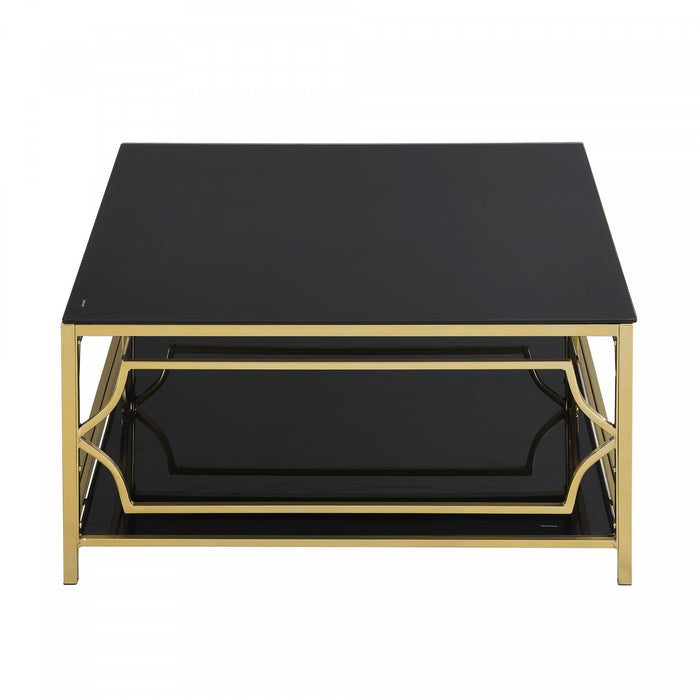 Gleam 33.5 Inch Square Tempered Glass Coffee Table with Geometric Gold Frame and Lower Shelf, Black