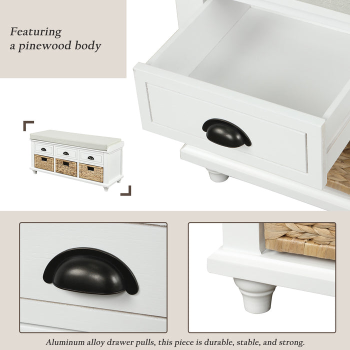 Harvey Solid Wood Storage Bench With Drawers And Rattan Baskets - White