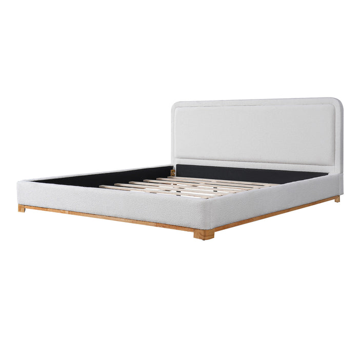 Ethan Low Profile Platform Bed Boucle with Upholstered Curved Headboard,King Size,White King Bed