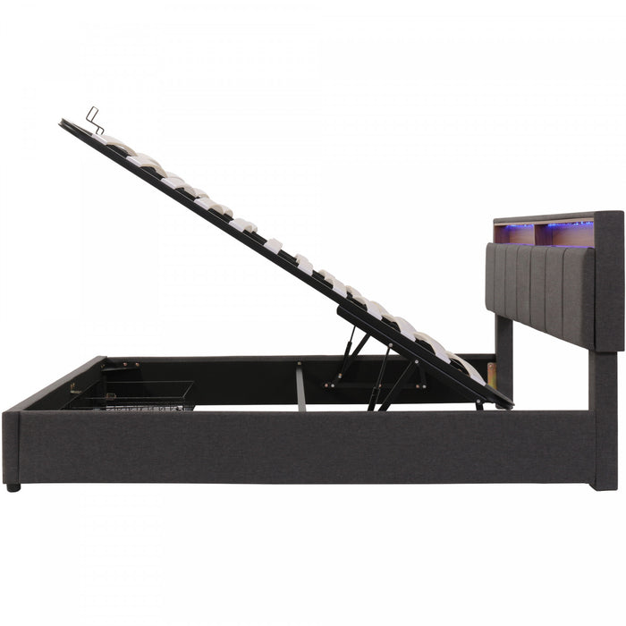 Kelly Upholstered Hydraulic Storage Bed with LED Lighting Headboard and Built-in Drawers,Queen Size,Grey Queen Bed