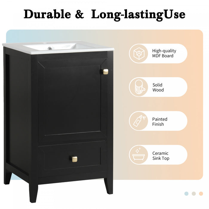 Puret 20 Inch Single Sink Bathroom Vanity with Door Shelf and Pull-Out Drawer, Black