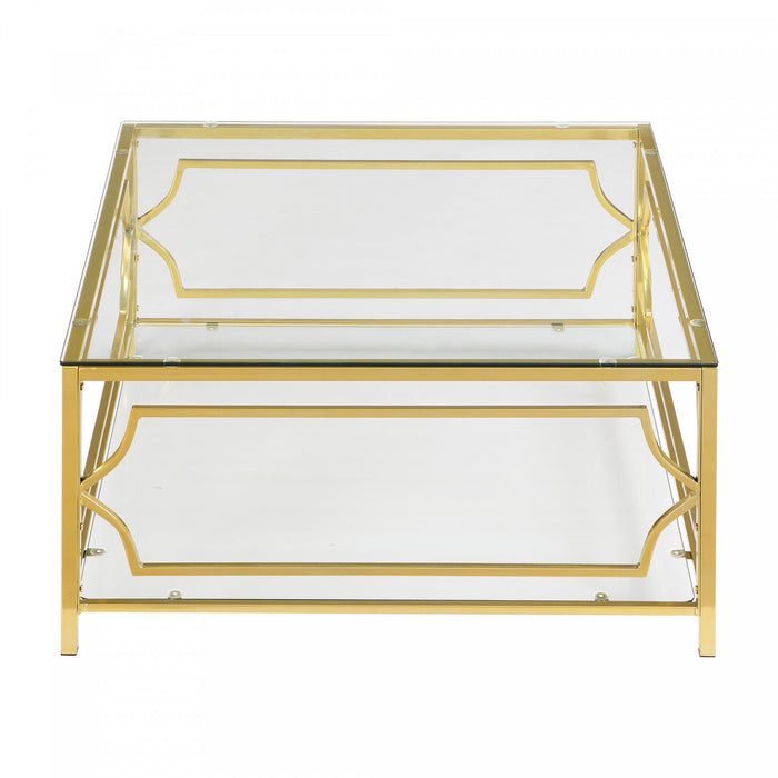 Gleam 33.5 Inch Square Tempered Glass Coffee Table with Geometric Gold Frame and Lower Shelf, Transparent