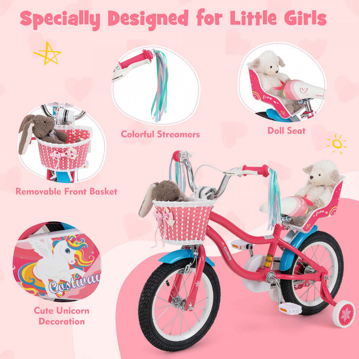 Costway 14 Inch Kids Bike With Basket Doll Seat & Colorful Streamers 2 Training Wheels Pink