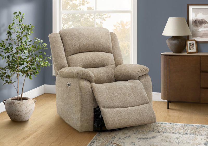 MONARCH SPECIALTIES 34\" WIDE, LARGE UPHOLSTERED POWER RECLINING CHAIR, USB PORTS INCLUDED, BEIGE FABRIC, TRANSITIONAL RECLINER