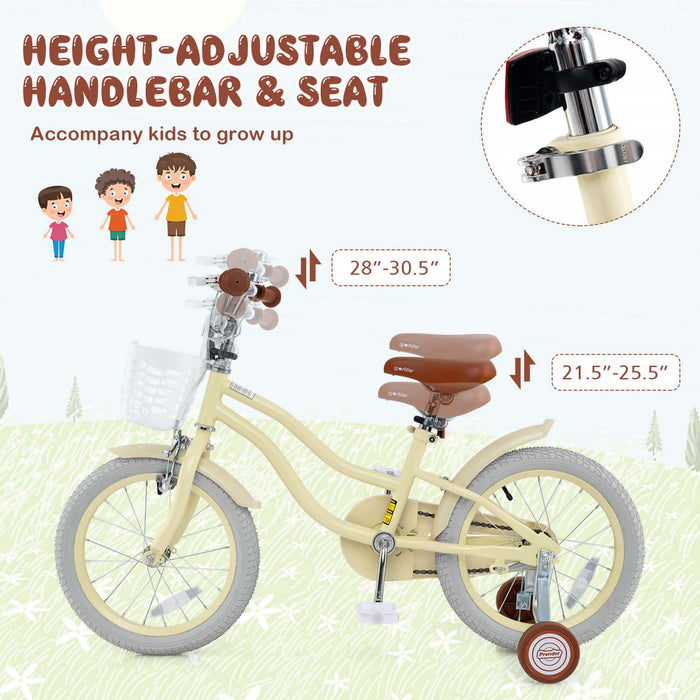 Prorider 16\" Kids Bike Toddler Adjustable Bicycle With Training Wheel For 4-7 Years Old Girl Beige