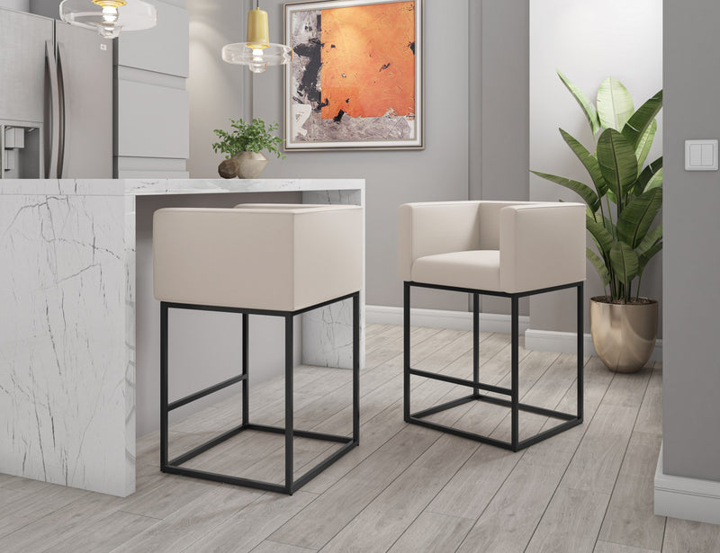 Embassy Mid-Century Modern Metal Upholstered Counter Stool in Cream - Set of 2