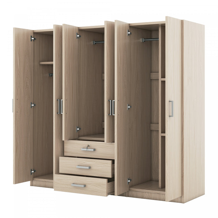 Peter 70.9\" 6-door Wooden Wardrobe With Drawers And Hanging Storage, Brown