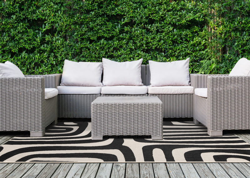 Jackson Black White Abstract Lines Outdoor Rug, 5'3\" x 7'7\" Outdoor Area Rug