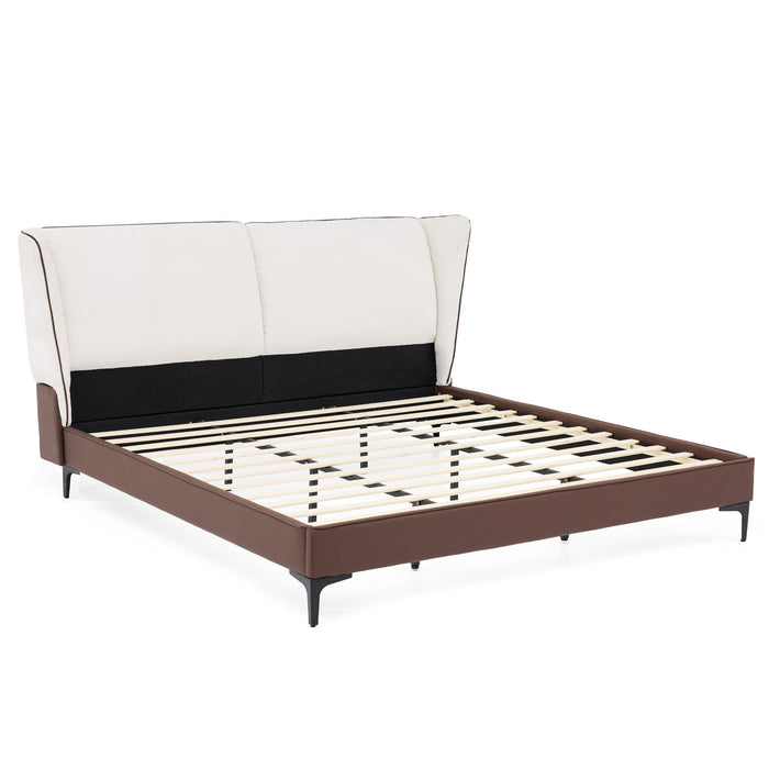 Ava Teddy Fleece Platform Bed with Wingback Headboard and Faux Upholstered, King Size, White King Bed