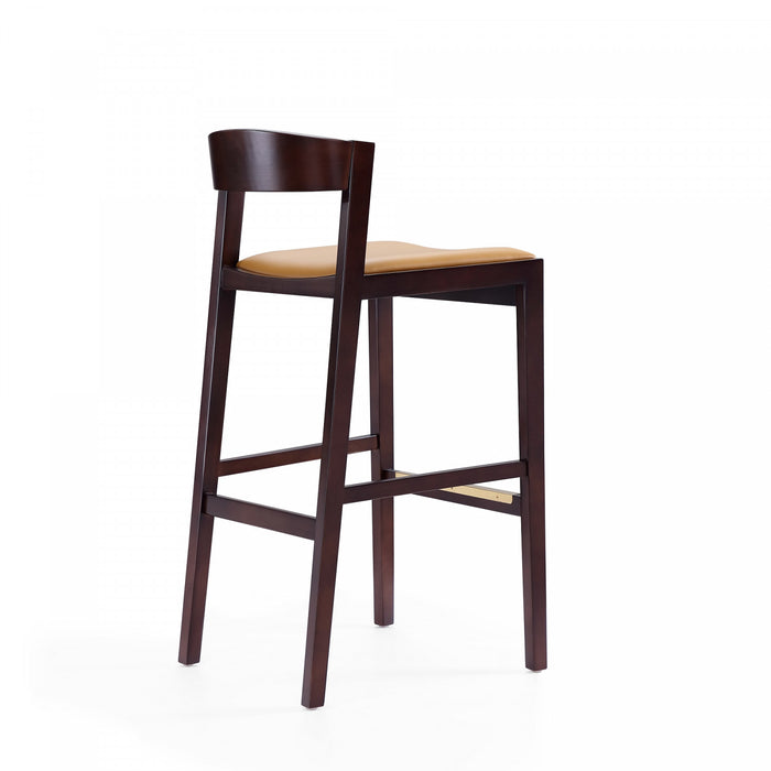 Klismos Mid-Century Modern Wood Upholstered Barstool in Camel - Set of 3