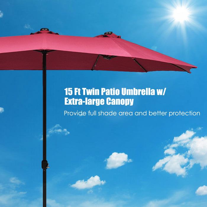 Costway 15Ft Patio Double-Sided Solar LED Market Umbrella Crank Burgundy
