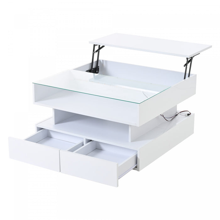 Oliver Lift-Top Coffee Table with LED Lighting and Glass Tabletop,White