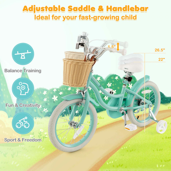 Prorider 16\" Kid's Bike With Training Wheels Adjustable Handlebar Seat Handbrake Green