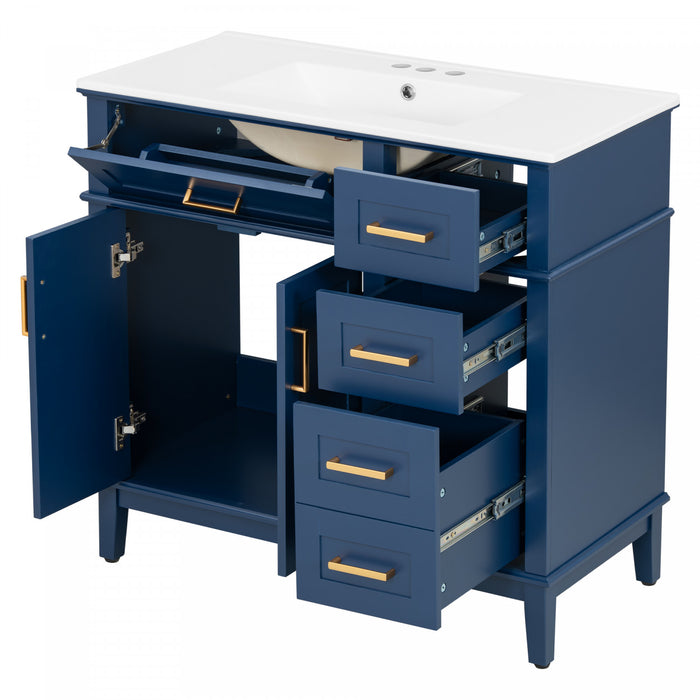 Marshall 36 Inch Modern Bathroom Vanity with Ceramic Sink & Storage, Blue