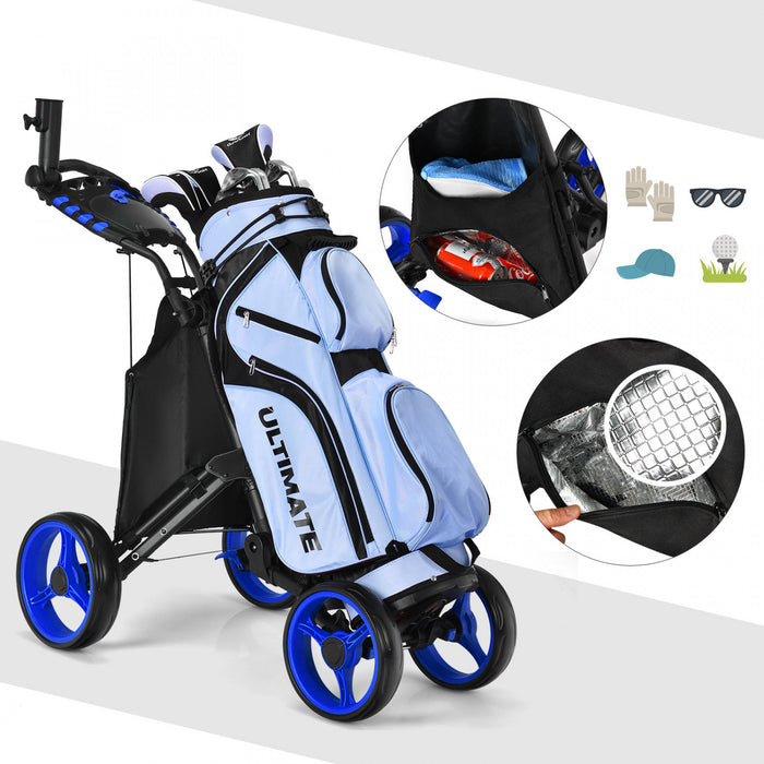 Goplus Folding 4 Wheels Golf Push Cart W/bag Scoreboard Adjustable Handle Blue