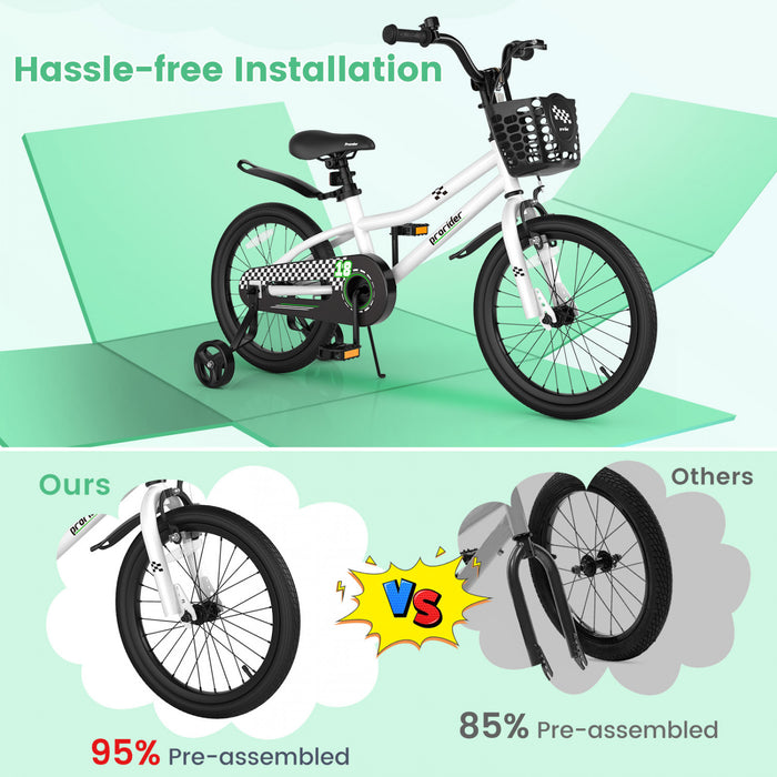 Costway 18\" Kid's Bike With Removable Training Wheels & Basket For 4-8 Years Old White