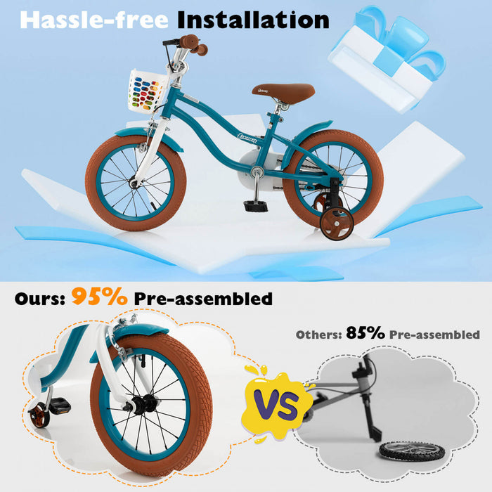 Costway 12\" Kid's Bike With Removable Training Wheels & Basket For 3-4 Years Old Turquoise