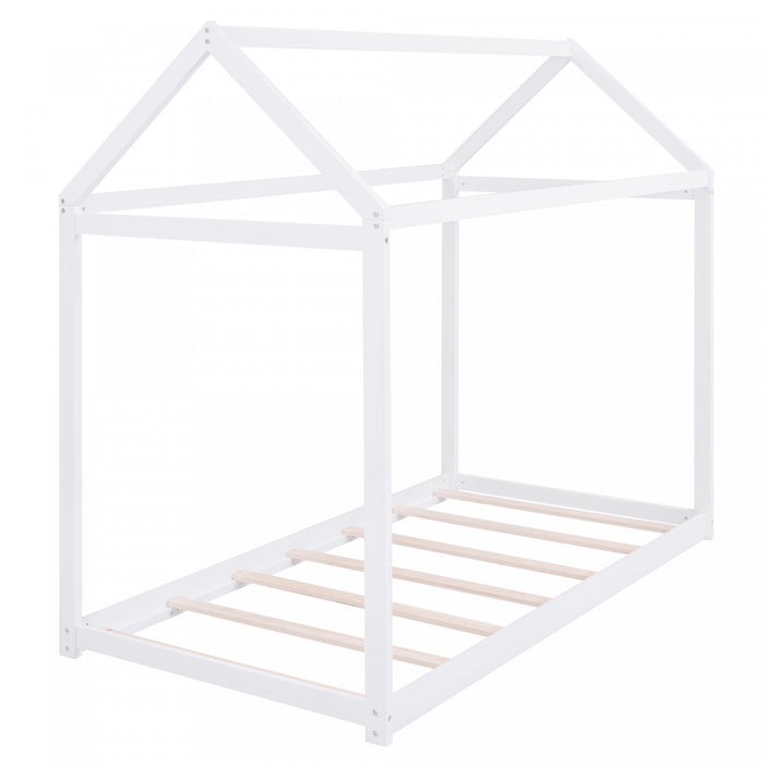 Susan Easy-clean Design Solid Wood House Bed With Roof Frame, Twin Size, White