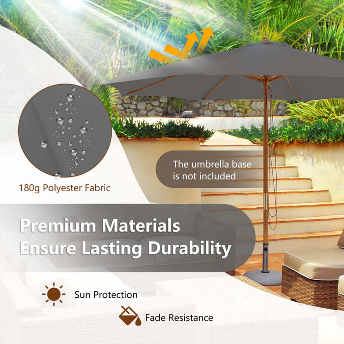Costway 10FT Patio Wooden Market Table Umbrella Pulley with 8 Bamboo Ribs Sunshade Canopy Gray