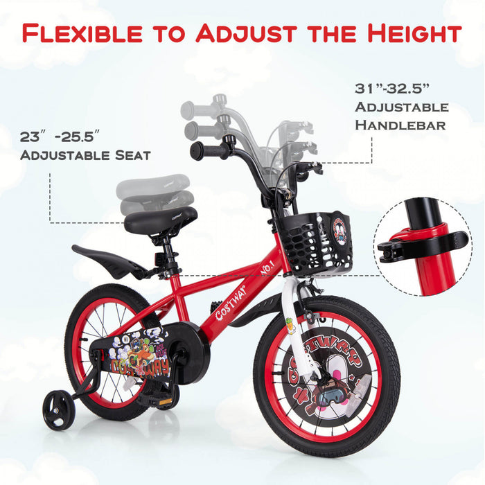 Costway 16\" Kid's Bike For 4-7 With Height-adjustable Handlebar & Saddle Handbrake Red