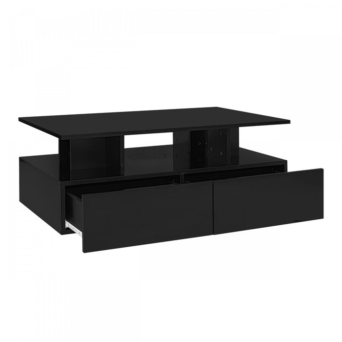 Lucas LED Coffee Table with Storage Drawers and Open Shelves,Black