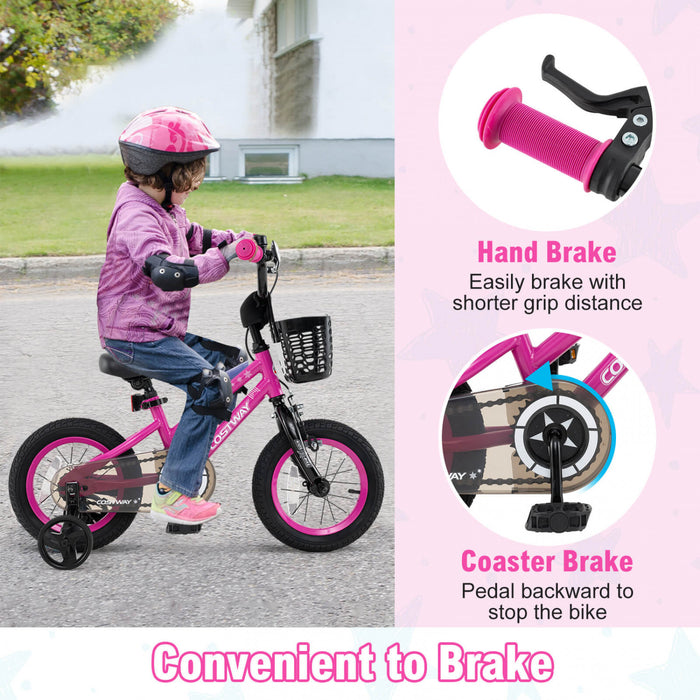 Costway 12\" Kid's Bike With Training Wheels Adjustable Handlebar & Seat Handbrake Pink