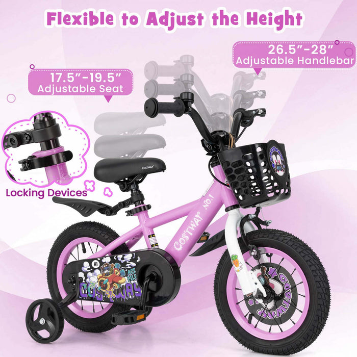 Costway 12\" Kid's Bike For 3-4 With Height-adjustable Handlebar & Saddle Handbrake Purple