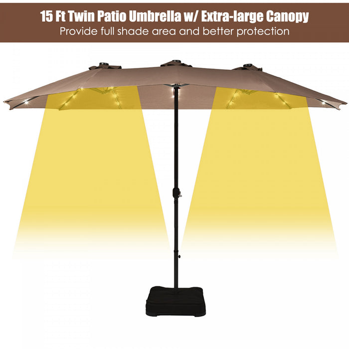 Costway 15Ft Patio Double-Sided Solar LED Market Umbrella Crank Base Tan
