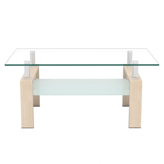 Liam Modern Rectangle Clear Tempered Glass Coffee Table,Oak
