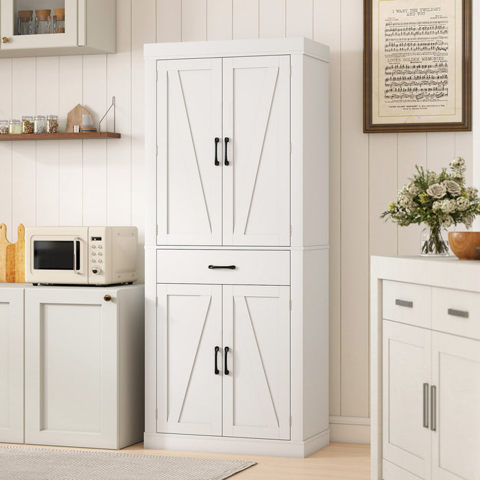 72\" Kitchen Pantry Cabinet, Kitchen Storage Cabinet with Barn Doors, White