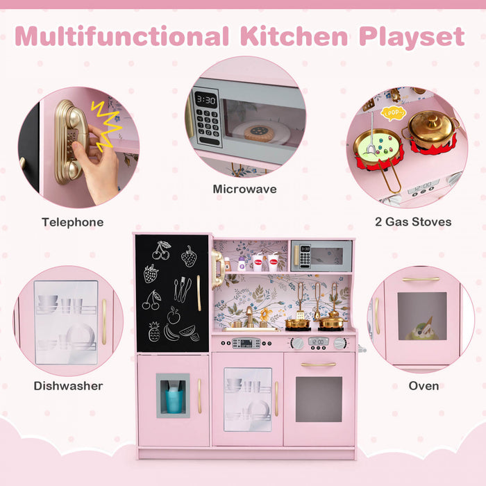 Costway Kid's Pretend Play Kitchen Toddler Kitchen Playset With Blackboard Light Pink