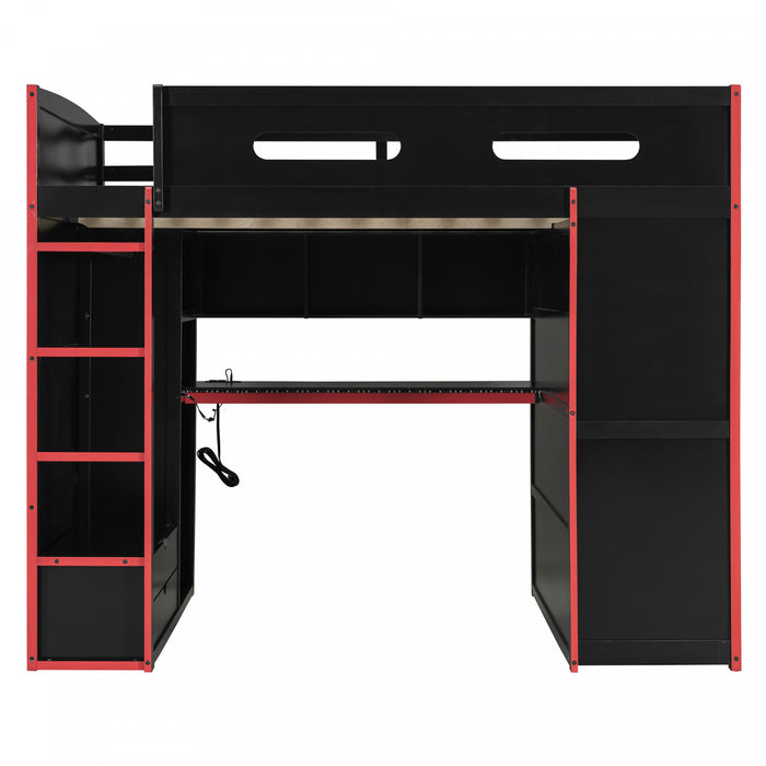 Jerry Wood Loft Bed with Desk and Storage,Full Size,Red Full Bed