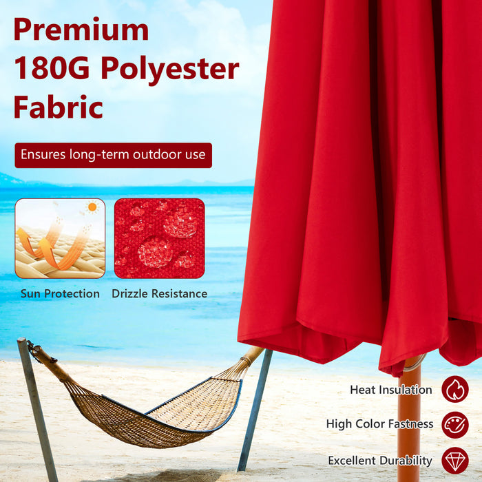 Costway 9.5 FT Patio Rope Pulley Wooden Umbrella Market w/Fiberglass Ribs Outdoor Red