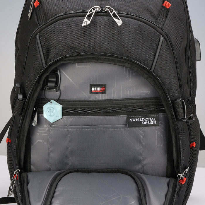 Swissdigital Vector School Backpack – 17\" Laptop Bag, USB Charging, SDD Finder, RFID Protection, Reflective Trim, Add-A-Bag System