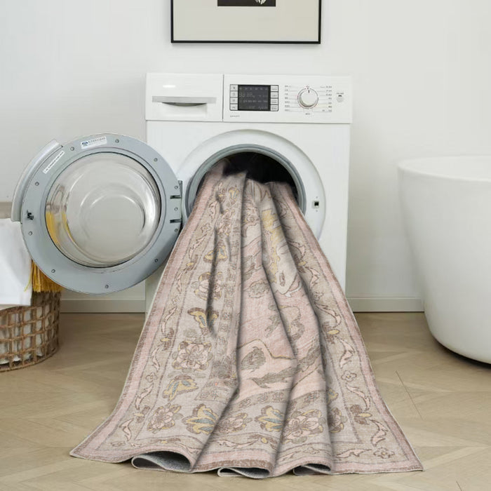 Aqua Pink Washable Non-slip Low Pile Area Rug 5'x7'