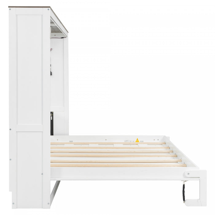 Olivia Solid Wood Murphy Bed with LED Light and Foldable Cabinet,Queen Size,White Queen Bed