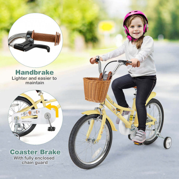 Costway 18\" Kids Bike With Height Adjustable Handlebar Seat Basket Bell Training Wheels Yellow